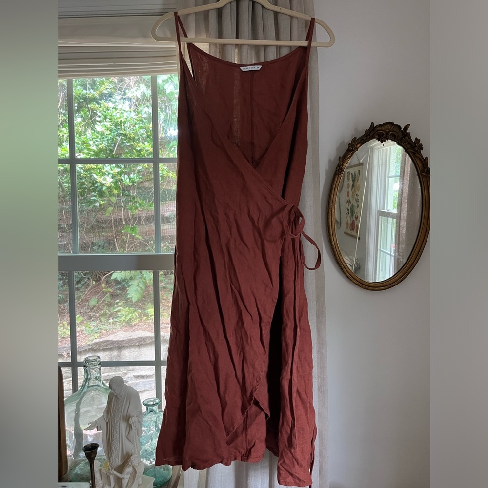 100% Linen Rust Colored Midi Wrap Dress - Linen Fox